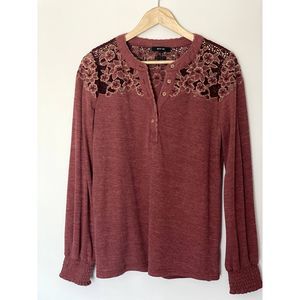 Miss Me Rose Burgundy Floral Lace Yoke Long Sleeve Henley Top